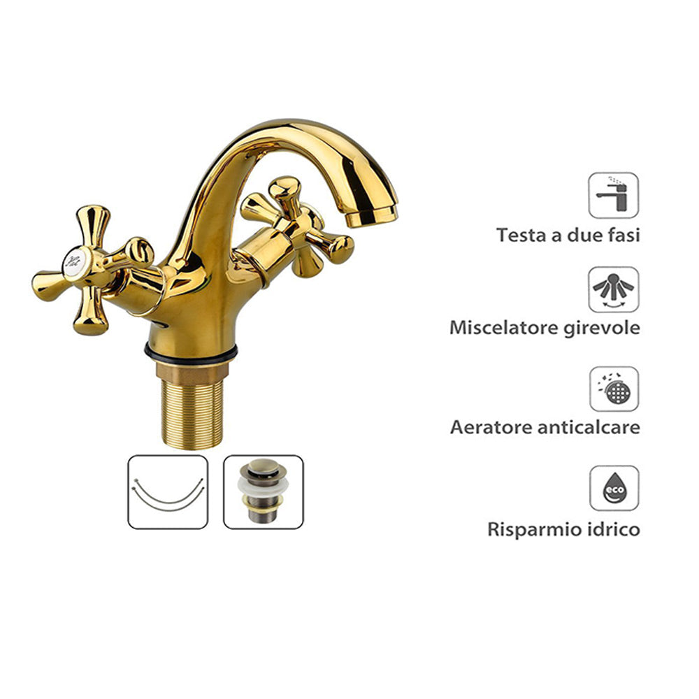 Rubinetto per bagno miscelatore doppio comando lavabo bidet vasca doccia in ottone oro lucido modello Roma