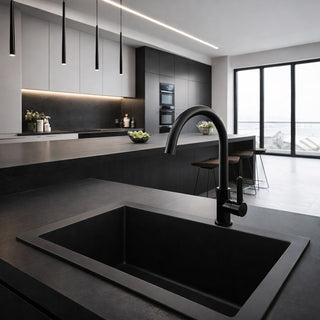Rubinetto nero da cucina canna alta curva orientabile lavandino