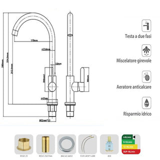 Rubinetto oro lucido da cucina canna alta curva orientabile