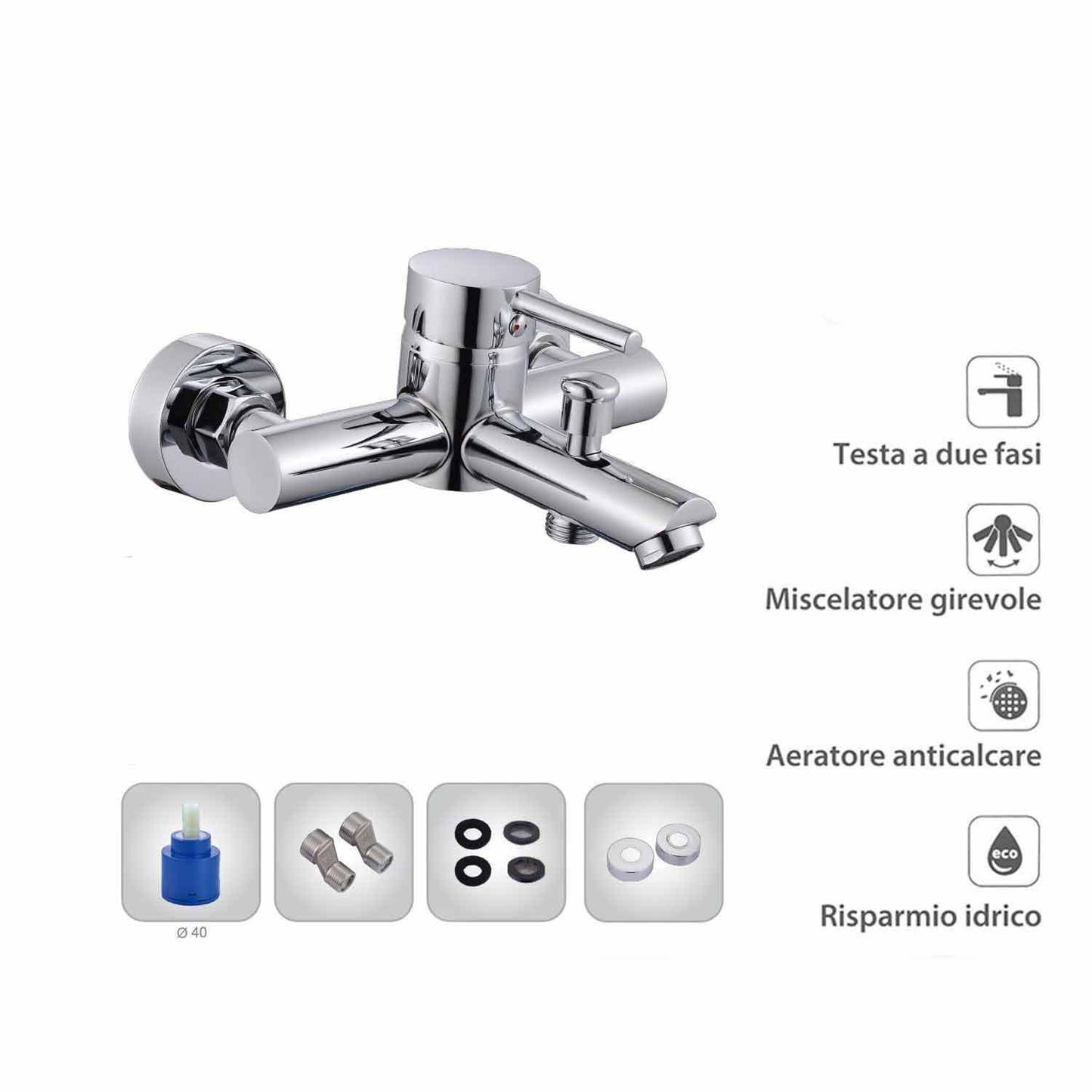 Rubinetto per bagno ultra moderno cromato lucido miscelatore per vasca da bagno modello Ray Silver