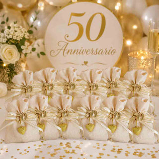 Set 12 sacchetti in juta portaconfetti anniversario 25 e 50 Anni