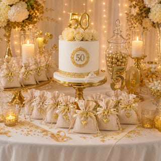 Set 12 sacchetti in juta portaconfetti anniversario 25 e 50 Anni