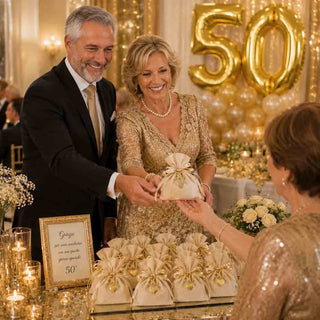 Set 12 sacchetti in juta portaconfetti anniversario 25 e 50 Anni