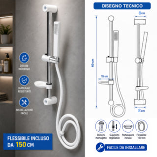 Saliscendi doccia bianco con doccino portasapone flessibile 150 cm