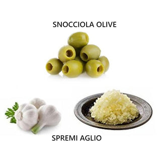 Spremi aglio schiacchiaglio in acciaio con snocciola olive ciliegie