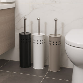 Portascopino a cilindro traforato con scopino da bagno con coperchio