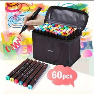 Set di 60 pennarelli vari colori a doppia punta fine e doppia