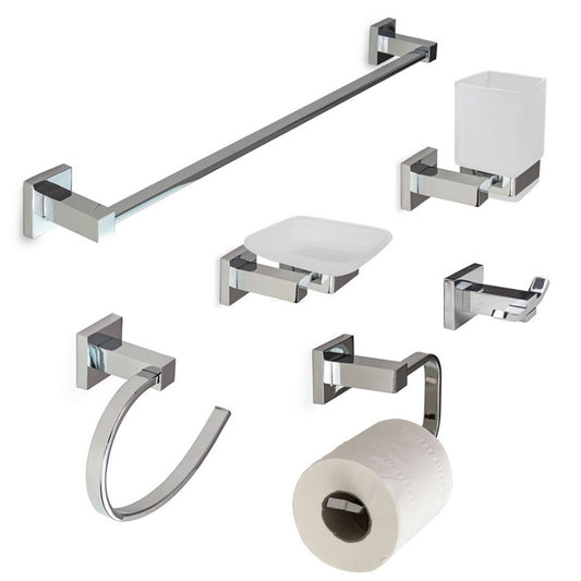 Set bagno moderno quadrato in acciaio cromato e vetro satinato opaco 6 pezzi