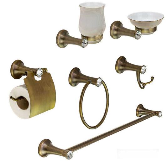 Set bagno in acciaio colore bronzo e ceramica con punti luce in acrilico 6 pezzi arredo bagno