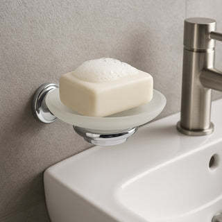 Set di 6 accessori bagno in acciaio cromato e vetro satinato opaco