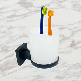 Set bagno moderno quadrato in acciaio nero vetro satinato 6 pezzi