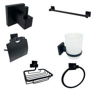 Set bagno moderno quadrato in acciaio nero vetro satinato 6 pezzi