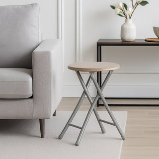 Sgabello pieghevole MDF moderno rotondo rovere chiaro salvaspazio