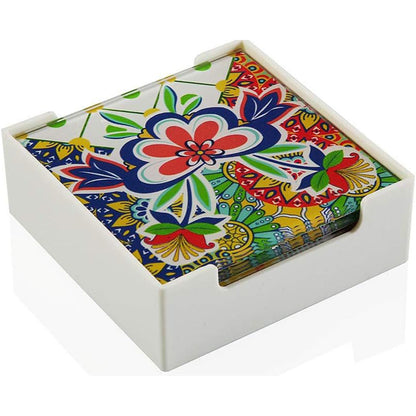 Set 6 sotto bicchieri in vetro da tavola quadrati con decorazione floreale 10x10 cm