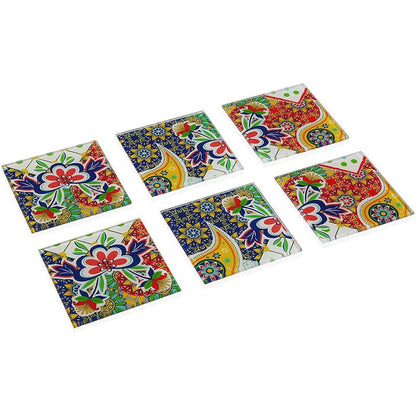 Set 6 sotto bicchieri in vetro da tavola quadrati con decorazione floreale 10x10 cm