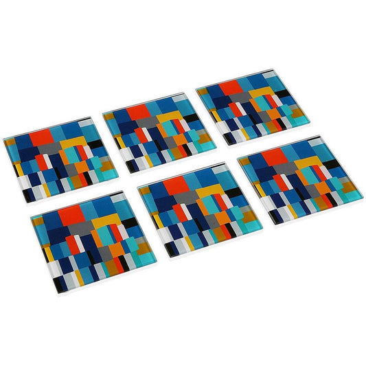 Set 6 sotto bicchieri in vetro da tavola quadrati con decorazione astratte 10x10 cm