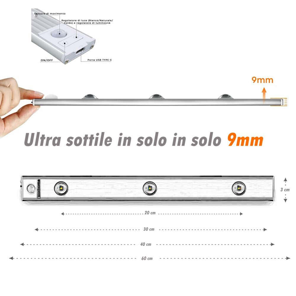 Sottopensile ultra slim a led cob 20 30 40 60 cm plafoniera ricaricabile usb magneica con sensore di movimento