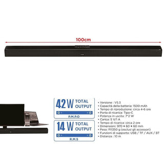 Barra soundbar 42+14W ricaricabile bluetooth uscita aux usb subwoffer