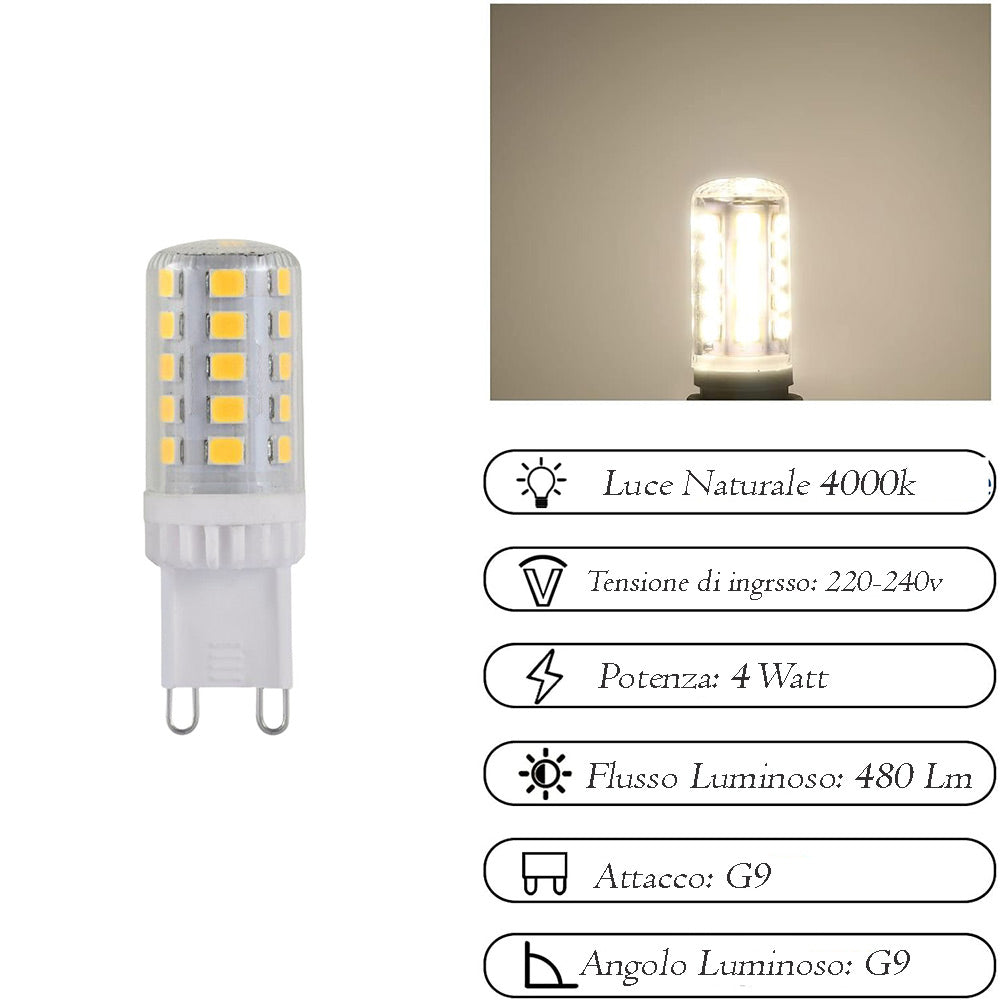 Lampadina led smd G9 4 watt trasparente illuminazione per lampadari applique plafoniera luce fredda 6500k calda 3000k naturale 4000k