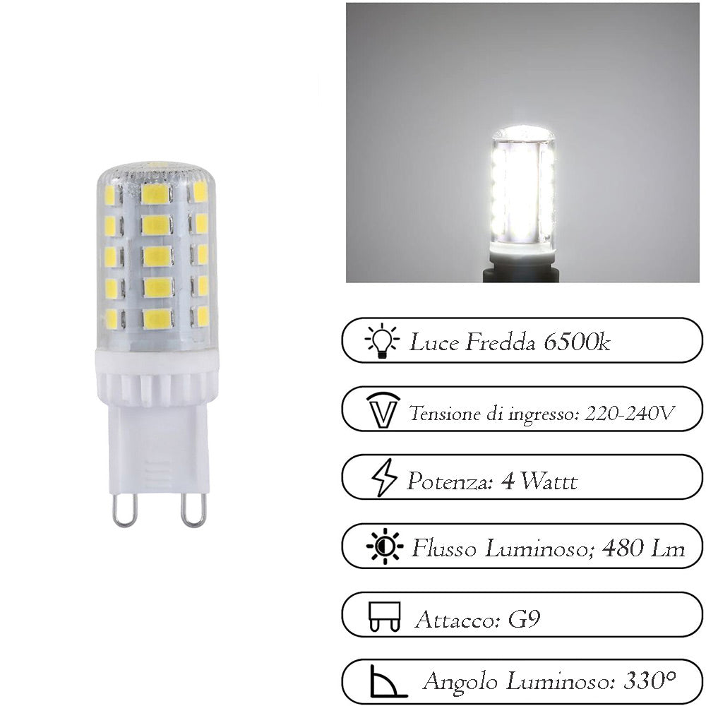 Lampadina led smd G9 4 watt trasparente illuminazione per lampadari applique plafoniera luce fredda 6500k calda 3000k naturale 4000k