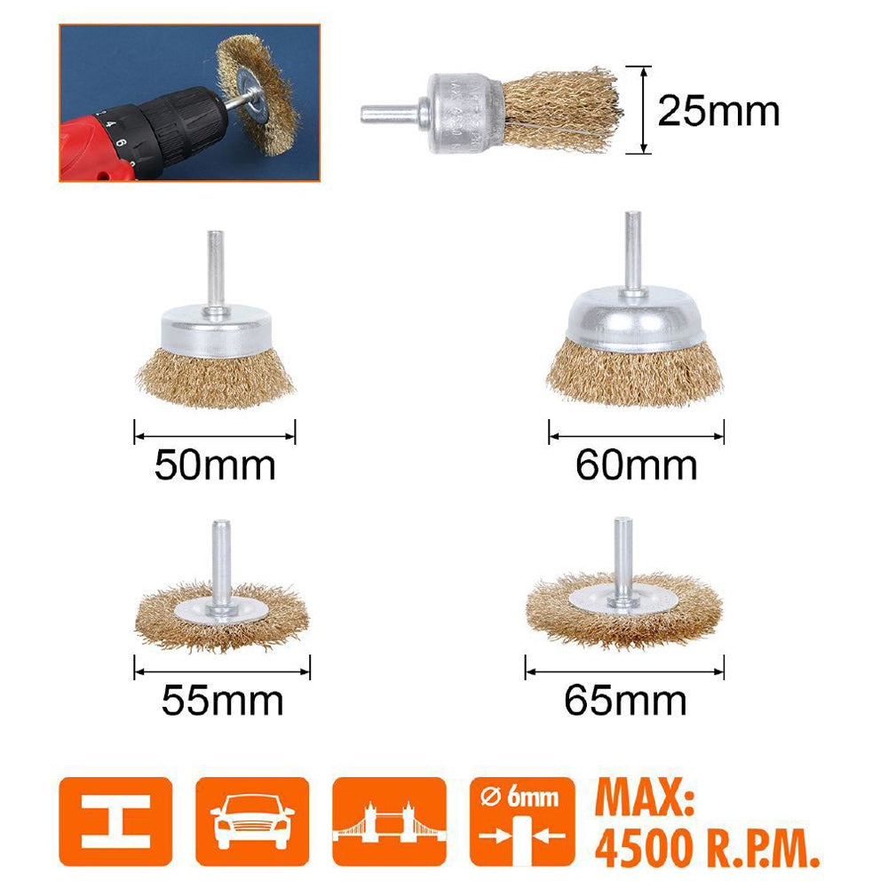 Kit 5 spazzola a tazza per trapano setole filo in ferro ondulati ottonati con gambo Ø 6 mm