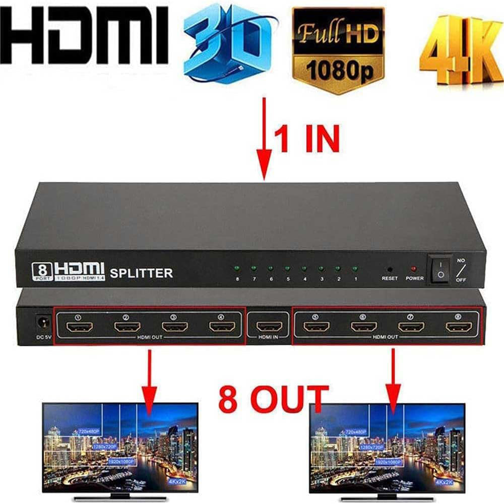 Splitter hdmi 8 uscite full HD 3D alta risoluzione 1080P sdoppiatore per hdtv ps3 dvr pc