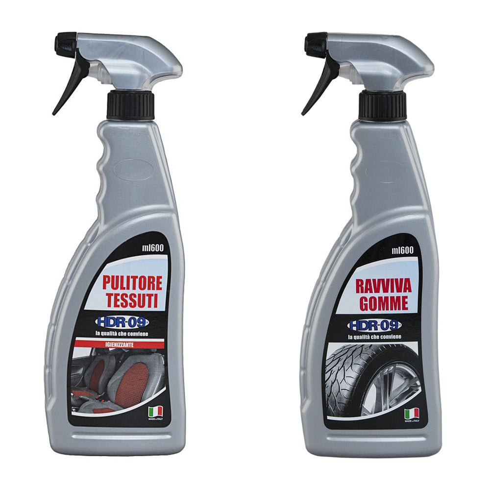 Detergente spray per pulire igienizzare tessuti interno auto e spray ravviva pneumatici moto camper 600 ml