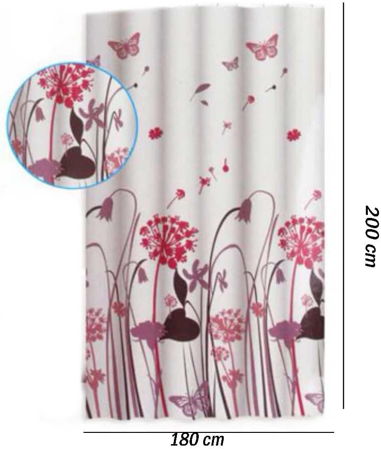 Tenda per doccia vasca da bagno impermeabile pvc 12 ganci decorata con fiori e farfalle 200x180 cm