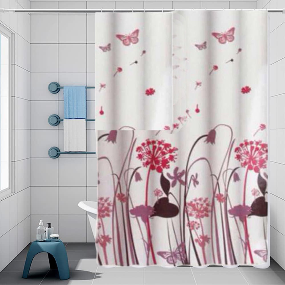 Tenda per doccia vasca da bagno impermeabile pvc 12 ganci decorata con fiori e farfalle 200x180 cm