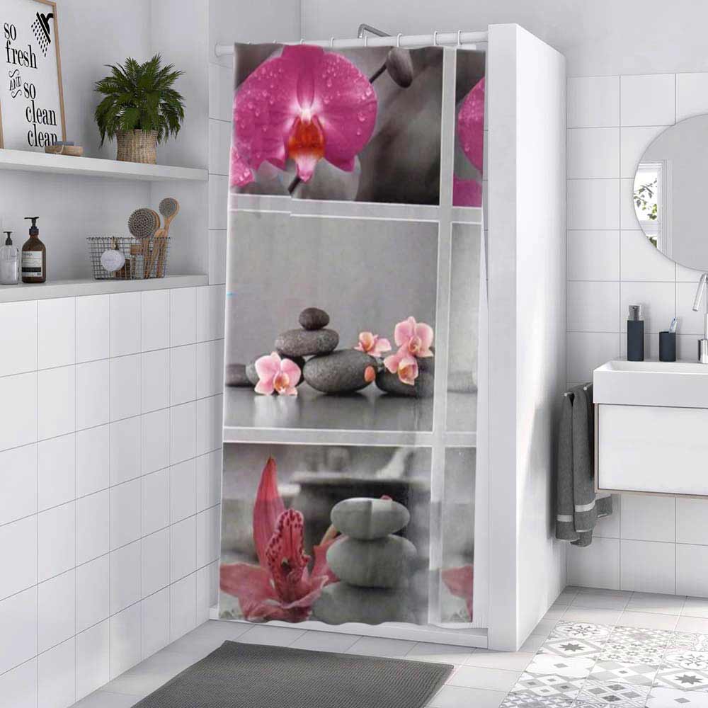 Tenda moderna per doccia vasca da bagno impermeabile pvc 12 ganci decorata con sassi e fiori 180x180 cm