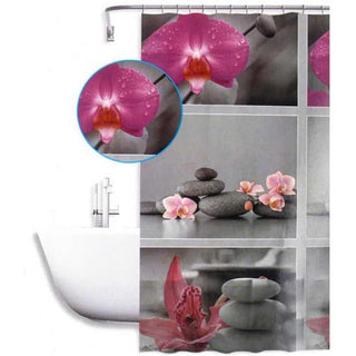 Tenda doccia impermeabile PVC 180x180cm 12 ganci motivo sassi e fiori