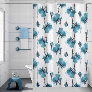 Tenda doccia impermeabile PVC 12 ganci motivo fiori blu varie musure