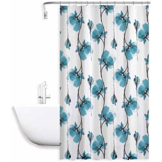 Tenda doccia impermeabile PVC 12 ganci motivo fiori blu varie musure