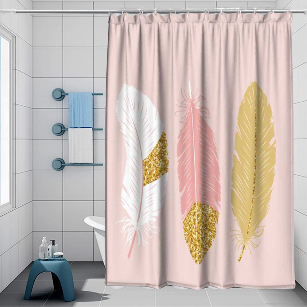 Tenda moderna per doccia vasca da bagno impermeabile pvc 12 ganci decorazione piume oro e rosa 200x180 cm