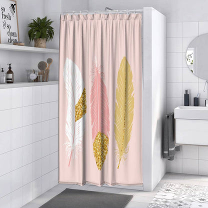 Tenda moderna per doccia vasca da bagno impermeabile pvc 12 ganci decorazione piume oro e rosa 200x180 cm