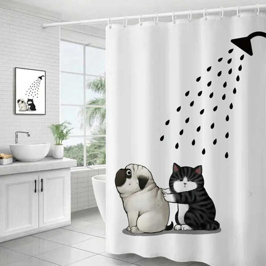 Tenda per doccia vasca da bagno impermeabile pvc 12 ganci decorata con cane e gatto 200x180 cm