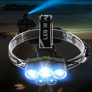 Torcia frontale ricaricabile 5 led 3 luce bianca 2 blu 5 modalità luce