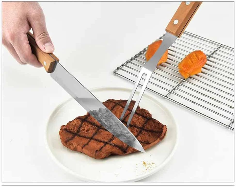 Kit barbecue 3 utensili coltello e forchettone in acciaio pennello con setole in silicone per grill carne baciata manico in legno attrezzi da cucina