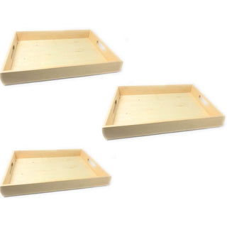 Set 3 vassoi in legno grezzo rettangolari per decoupage con manici