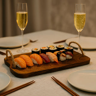 Vassoio rettangolare in legno manici in canapa per aperitivo 40x24 cm